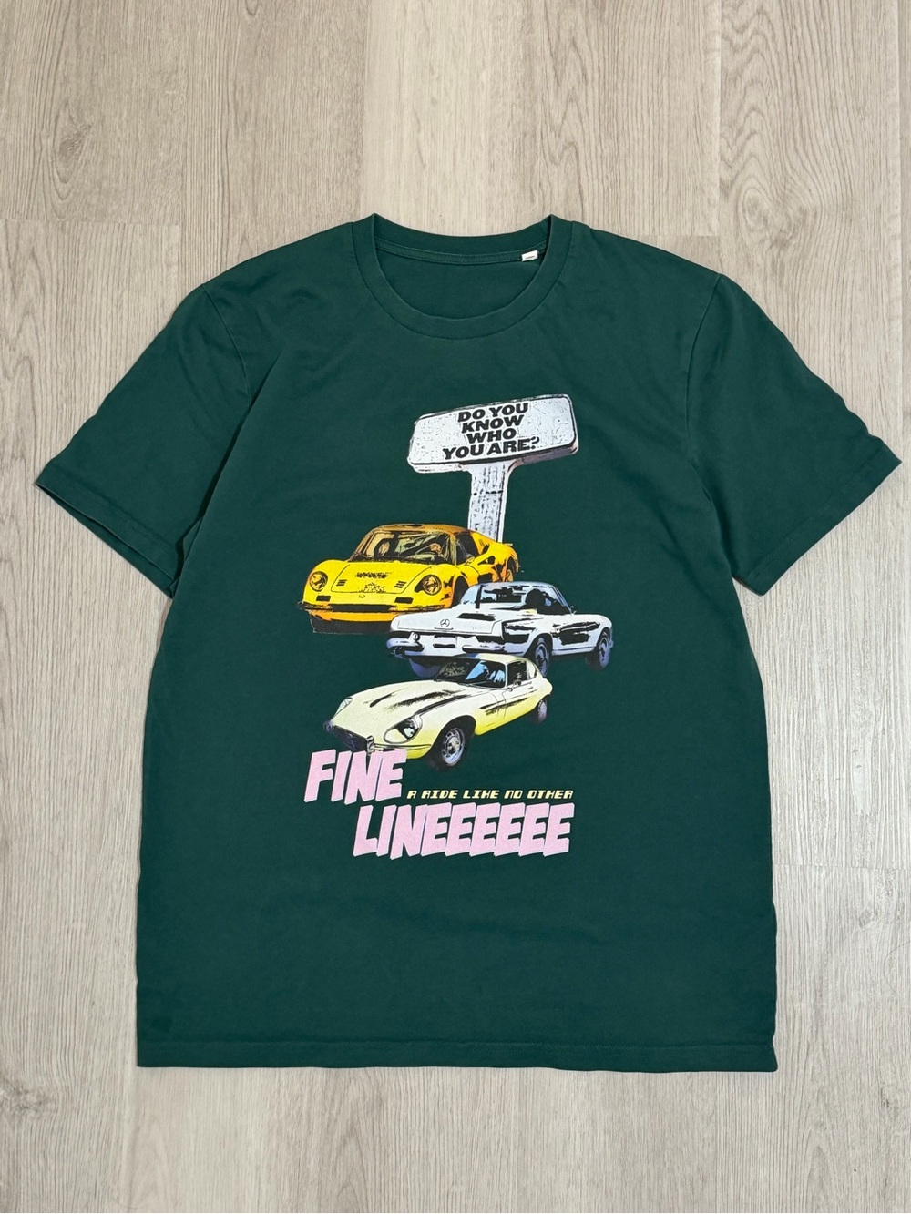 Harry Styles Forest Green Tee with Retro Car Graphic and Pink Text